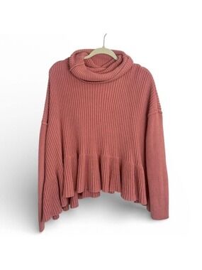 Free People Peplum Turtleneck Sweater Large Pink Ribbed